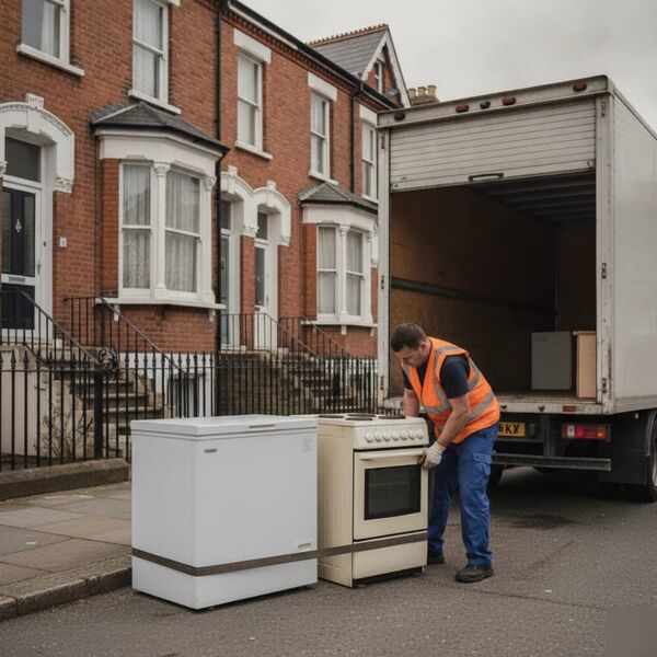 Worker collecting old fridge freezer for appliance disposal in Tunbridge Wells