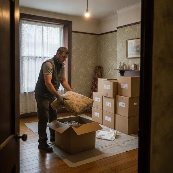 Worker packing belongings during bereavement house clearance in Tunbridge Wells period home