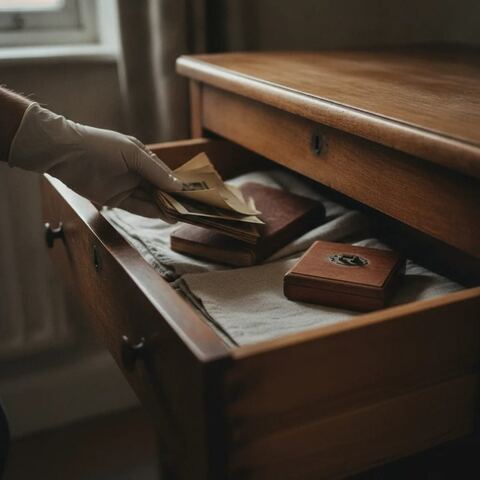 Hand sorting photographs and keepsakes in drawer during house clearance Tunbridge Wells