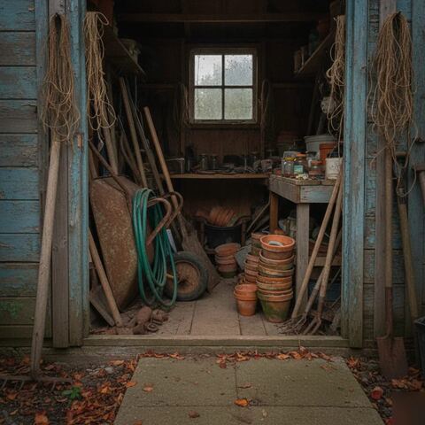 Cluttered garden shed awaiting bereavement house clearance in Tunbridge Wells home
