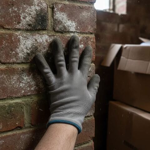 Hand checking damp brick wall texture during cellar clearance inspection Tunbridge Wells