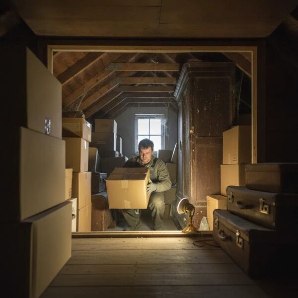 House clearance worker removing boxes from Victorian loft in Tunbridge Wells