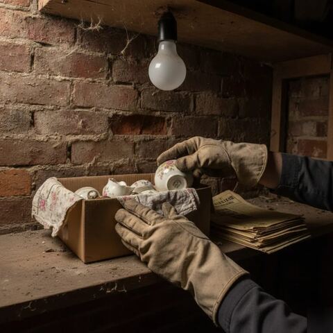 Hands sorting ceramics during cellar house clearance in Tunbridge Wells