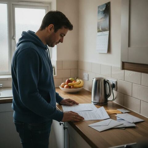 Homeowner checking clearance company insurance documents in Tunbridge Wells kitchen
