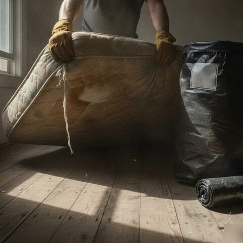 Close-up of hands dragging stained mattress during house clearance in Tunbridge Wells rental