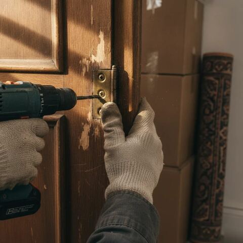 Hands removing wardrobe hinge during flat clearance in Tunbridge Wells