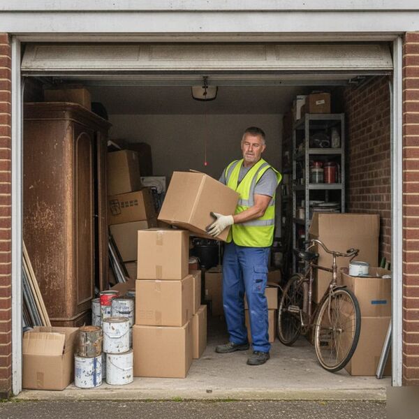 Worker clearing cluttered garage boxes during garage clearance in Tunbridge Wells