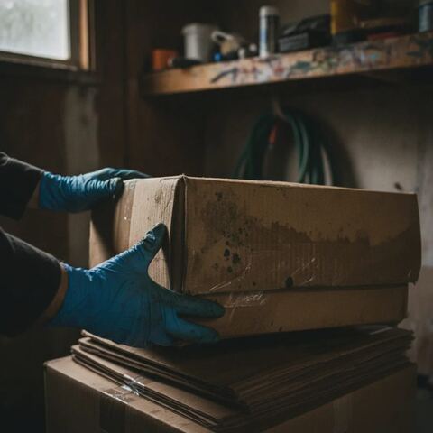 Hands inspecting damp warped cardboard box, sign garage clearance is overdue Tunbridge Wells