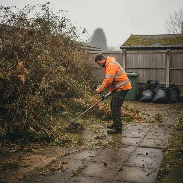 Worker clearing overgrown garden brush with brush cutter in Tunbridge Wells