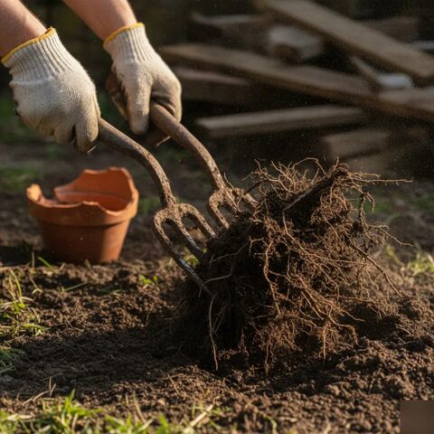 Hands using garden fork to remove roots during clearance in Tunbridge Wells