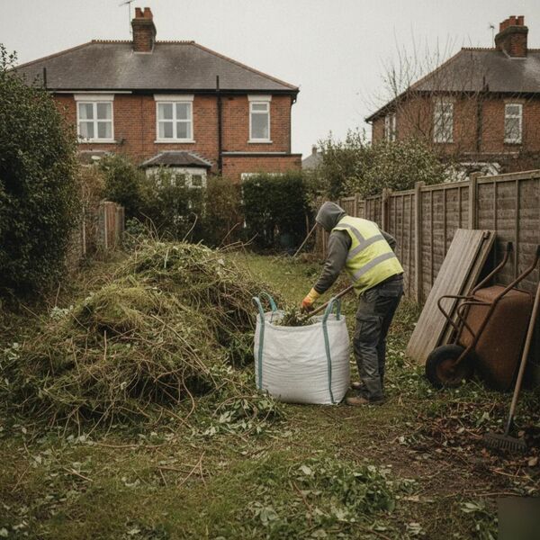 Worker clearing overgrown garden waste into bag during Tunbridge Wells removal job
