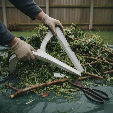 Hands sorting garden waste from broken furniture during Tunbridge Wells clearance job
