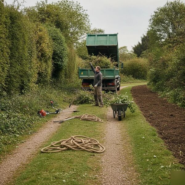 Gardener clearing overgrown Victorian garden in Tunbridge Wells with loaded truck