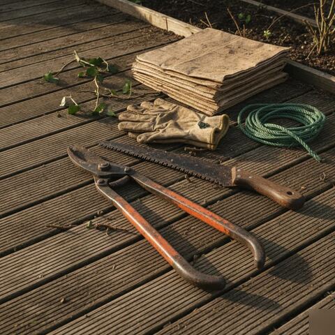 Gardener tools loppers and pruning saw on decking in Tunbridge Wells