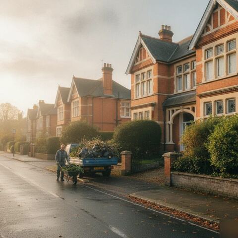 Gardener loading truck outside Victorian house in Tunbridge Wells street