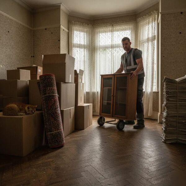 Worker lifting bookcase during house clearance in period Tunbridge Wells property