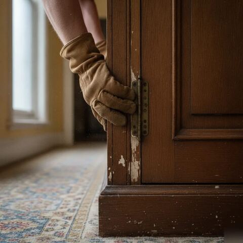 Hands moving oak wardrobe through narrow terraced hallway during clearance