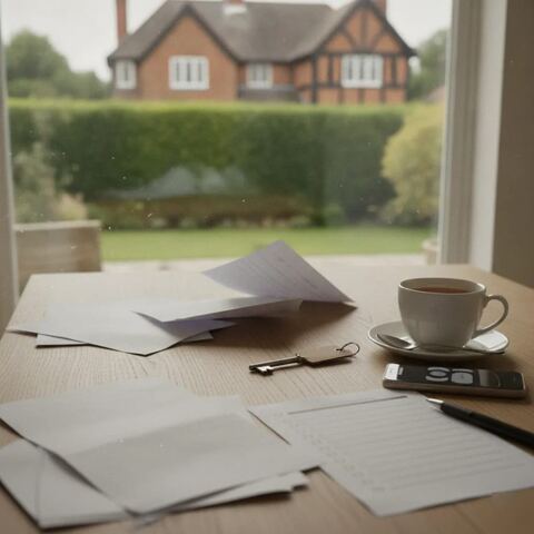 Kitchen table with clearance paperwork and house key in Tunbridge Wells home
