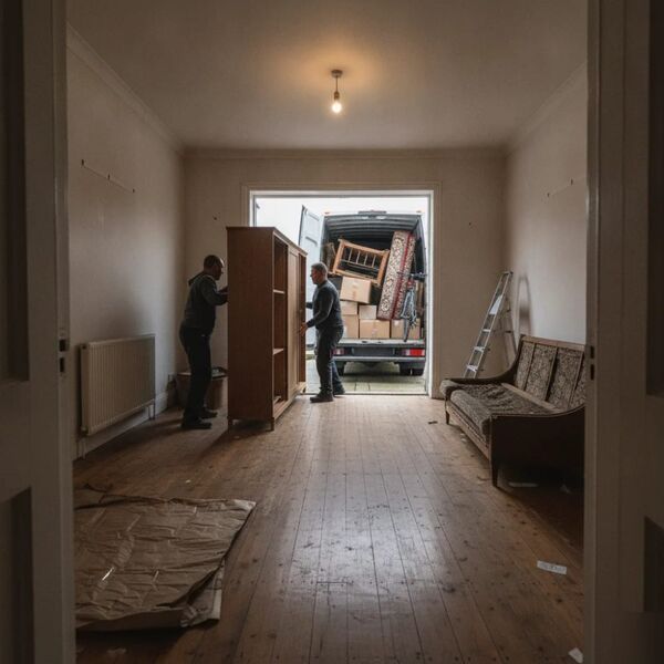 Workers clearing furniture from a Tunbridge Wells house into a loaded clearance van