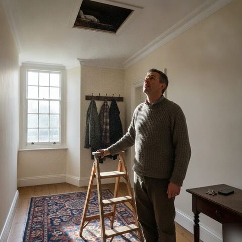 Homeowner looking up at open loft hatch before Tunbridge Wells clearance
