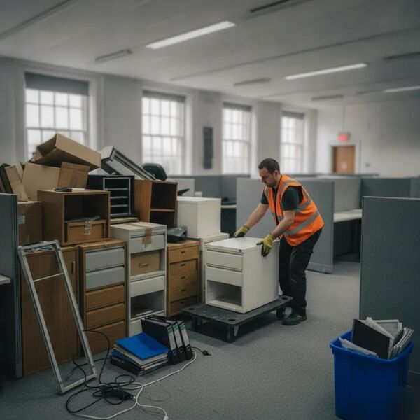 Office clearance worker loading desk equipment onto trolley in Tunbridge Wells office