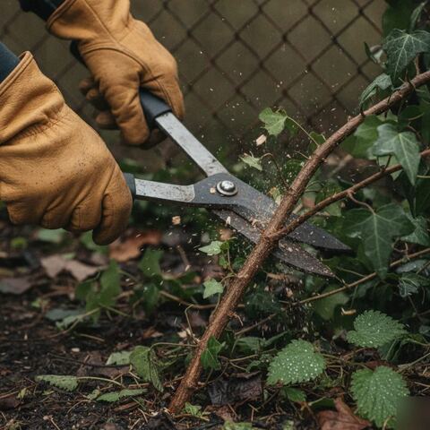 Close-up of loppers cutting bramble stems in overgrown garden clearance Tunbridge Wells