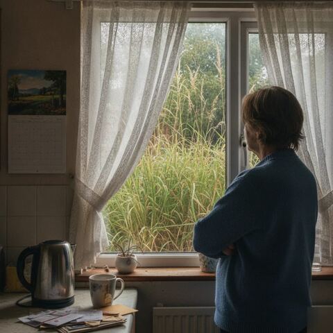 Homeowner viewing overgrown garden through kitchen window in Tunbridge Wells