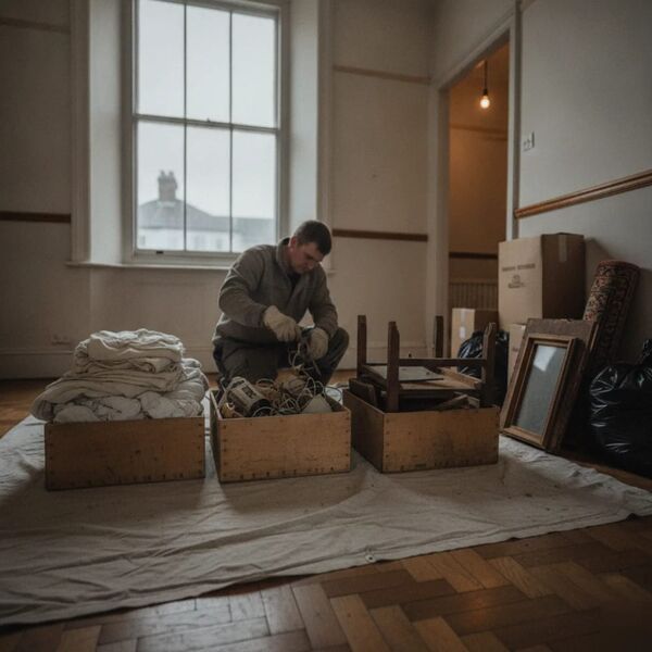 Worker sorting house clearance items into charity and recycling crates in Tunbridge Wells