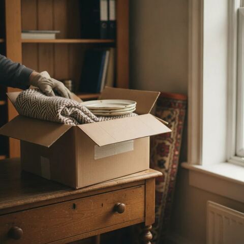 Hand packing donated blanket and plates for charity during Tunbridge Wells house clearance