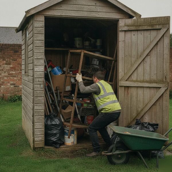 Worker removing rusted shelving from cluttered shed during clearance in Tunbridge Wells