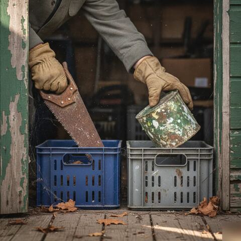 Hands sorting rusted tools into crates during a Tunbridge Wells shed contents clearance