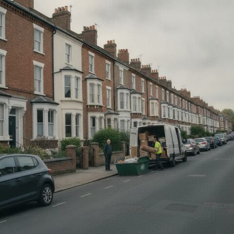 Clearance van and skip outside terraced houses near the Pantiles in Tunbridge Wells